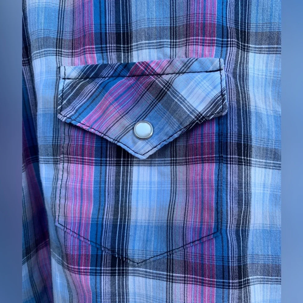Wrangler Pearl Snap Shirt Plaid Long Sleeve Purple Pink Blue Western Cowgirl XL - Picture 3 of 7